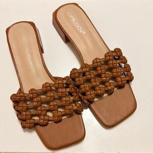 Brown Woven-Strap Low Block Heel Mules